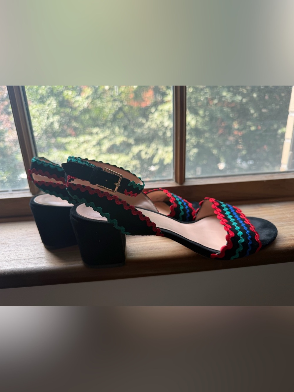 kate spade Black Sandals with Red, Green & Blue Ric-Rac Straps